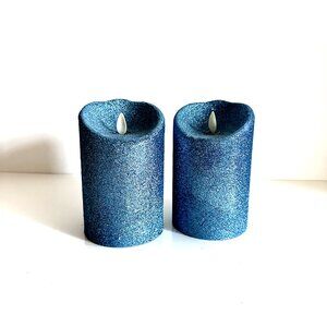 (2) Luminara Blue Glitter Sparkle Flameless Flicker Pillar Candles